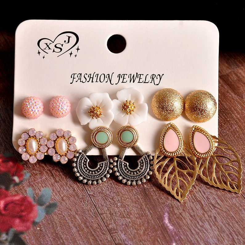 5 PAIRS OF INLAID FLOWER EARRINGS